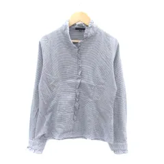 コムサイズム COMME CA ISM シャツ ハイネック 長袖 フリル 千鳥格子柄 M オフホワイト 紺 ネイビー /HO57