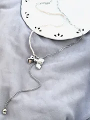 バレエコア ロングチェーン×パール シルバーリボンY字ネックレス