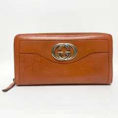 3036 GUCCI グッチ 長財布 インターロッキング レザー オレンジ系 ラウンドファスナー シマレザー