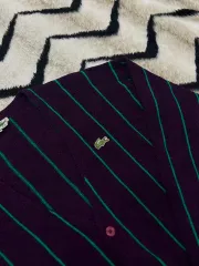 L LACOSTE ラコステ 90s グリーン ストライプ Vネック ニット カーディガン/ディープパープル