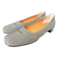 バリー BALLY パンプス ローヒール スクエアトゥ キャンバス レザー 37 約24.5cm グレー MMT A0827