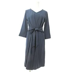 スープ SOUP タグ付き タック ワンピース 7分袖 ロング ミディ丈 リボンベルト 9 紺 ネイビー 0821