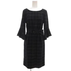 ジャスグリッティー JUSGLITTY ワンピース ひざ丈 七分袖 1 袖フレア ベルト付 紺 ネイビー 白 ホワイト チェック /GV