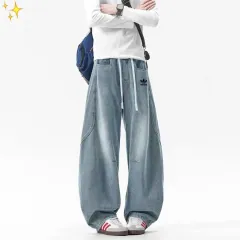 アディダス ワイド デニム パンツ ユニセックス ブラック ブルー boluo