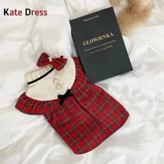リボン付き赤チェックワンピース　犬服