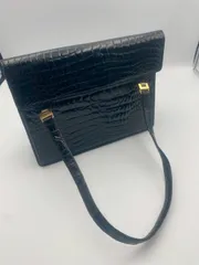 クロコ型押し ブラック ハンドバッグ フラップ/かぶせ ゴールド金具 ヴィンテージ風 フォーマル 通勤 セレモニー