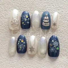 No.2251 現品販売！ネイルチップ　クリスマス/雪/ネイビー/ミラー