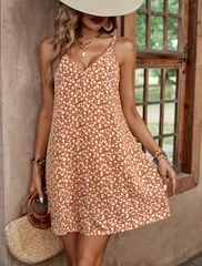 【新品】レディース  花柄プリントVネックスリープレスドレス