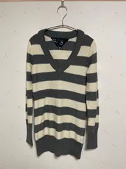 TOMMY HILFIGER Vネック ボーダーニット レディース M〜L相当 グレー×アイボリー