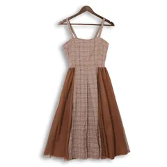 one way ワンウェイ ストレッチ★ 異素材切替 グレンチェック ジャンパースカート キャミソール ワンピース Sz.M レディース