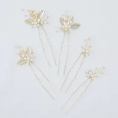 特価 花モチーフ 木の葉 パールUピン 5点セット 花嫁 ヘアアクセサリー 手作り ウェディングヘッドドレス 髪飾り 髪飾り フラワー 結婚式 披露宴 二次会 発表会 卒業式 入学式 ヘッドドレス パーティー 和装用髪飾り ヘアアクセサリー 和風 ゴールド (