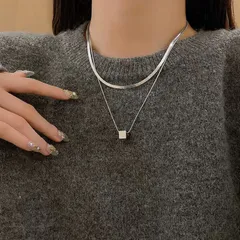 新品 二連ネックレス シルバー スネークチェーン スクエアチャーム NM002