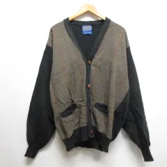 ペンドルトン PENDLETON ウール100％ Vネック ニット カーディガン XL チャコールグレー×茶 チェック柄切替え USA製