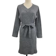 インデックス INDEX ワンピース ニット Iライン ミニ リボンベルト リブ 長袖 M グレー