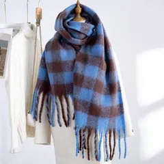 新品 ブルー×ブラウン チェック 大判マフラー フリンジ付き 188cm