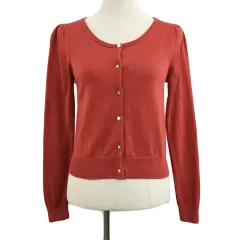 ミーア MIIA カーディガン ニット ラウンドネック ギャザー ビジュー 無地 長袖 F 赤 レッド