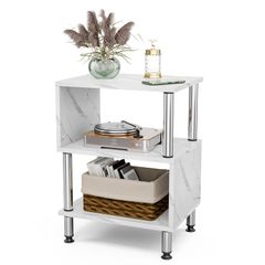 見せる収納 ジグザグラック サイドラック ベッド横 ソファ 寝室 エンドテーブル 3段 オープンラック 大理石柄 木目調 40*29*51cm 収納棚(ホワイト大理石柄) S字ラック おしゃれ サイドテーブル FryLR