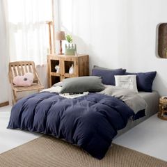 綿 100% 布団カバー シングル 3点セット 寝具カバーセット 洋式・和式兼用 無地 限定】 掛け布団カバー ボックスシーツ 枕カバー ベッド用 布団用 【 高密度生地 布団カバーセット 洗い替え速乾タイプ 防ダニ (シングル・ネイビー&グレー)