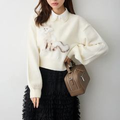 シャギーリボンキャットモチーフニット　ブルー　ホイップチュールミニグレー 予約]シャギーリボンキャットモチーフニットPO – Frene