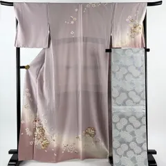 【美品】 付下げ 身丈166cm 裄丈68cm L 袷 袋帯セット 桜 簪 金彩 染め分け 薄紫 正絹 秀品 【中古】