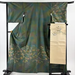 【美品】 付下げ 身丈161.5cm 裄丈67cm M 袷 名古屋帯セット 紬地 菱屋六右ヱ門 落款 草花 霞 染め分け ぼかし 緑 正絹 秀品 【中古】