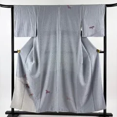 付下げ 身丈154cm 裄丈64cm M 袷 桐 地紋 絞り 刺繍 青灰色 正絹 優品 【中古】