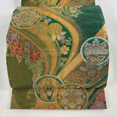 袋帯 秀品 振袖向き 華文 向かい鳥 金銀糸 箔 緑 全通 正絹 【中古】