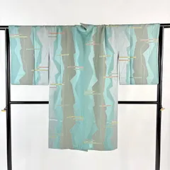 道中着 身丈103.5cm 裄丈66cm M 和装コート 幾何学模様 灰緑 正絹 逸品 【中古】
