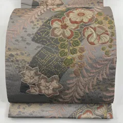 【美品】 袋帯 秀品 草花 楓 箔 灰桜 六通 正絹 【中古】