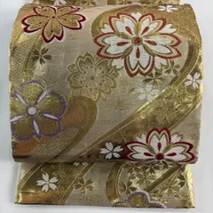 袋帯 秀品 振袖向き 桜 梅 金糸 箔 金色 六通 正絹 【中古】