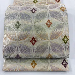 【美品】 袋帯 名品 本袋 花菱 鳥 唐織 ベージュ 六通 正絹 【中古】