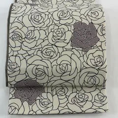 【美品】 袋名古屋帯 優品 薔薇 幾何学 灰白 化繊 【中古】