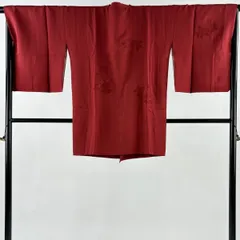 【美品】 道行 身丈89cm 裄丈68cm L 和装コート 角衿 草花 刺繍 赤 正絹 秀品 【中古】