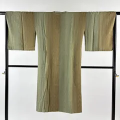 【美品】 道行 身丈120.5cm 裄丈65cm M 和装コート 角衿 縦縞 地紋 ぼかし 灰緑 正絹 秀品 【中古】