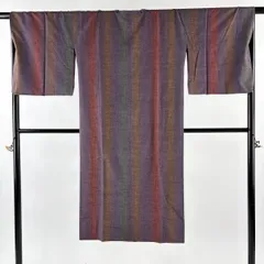 【美品】 道行 身丈128cm 裄丈67cm M 和装コート 角衿 紬地 縦縞 灰紫 正絹 秀品 【中古】