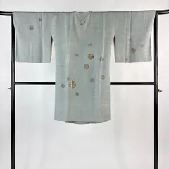 道行 身丈101cm 裄丈66cm M 和装コート 角衿 丸紋 竹 金糸 刺繍 灰緑 正絹 名品 一つ紋 【中古】