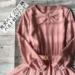 昭和レトロ光沢ペイズリー柄ロングワンピースベルト付きドット柄ピンク古着P2