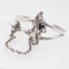 L389 ヴィンテージ バングル リング セット ハート ブラック ホワイト エナメル チェーン シルバー 腕輪 指輪 フィンガーブレスレット 17号