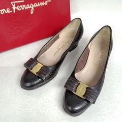 Ferragamo フェラガモ パンプス 5C エキゾチック 型押し クロコ ヴァラ リボン ブラウン 22cm レディース靴