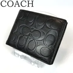 良品 COACH コーチ 二つ折り財布 シグネチャー レザー ブラック 黒 小銭入れ無し 札入れ メンズ