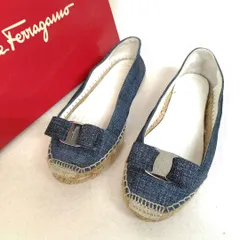美品 Salvatore Ferragamo フェラガモ フラットシューズ 5M エスパドリーユ ヴァラ リボン デニム 22cm