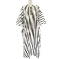 ミズイロインド mizuiro ind ワンピース ロング マキシ 七分袖 ストライプ 白 ホワイト 紺 ネイビー /HN