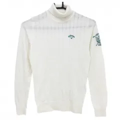 【美品】キャロウェイ タートルネックセーター 白 ストライプ織生地 ロゴグリーン ウール混 ニット レディース S ゴルフウェア Callaway