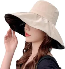 Ken R つば広帽子 サファリハット 夏 紫外線 UVカット 遮光 女優帽 あご紐付き 飛ばない 大きいサイズ 折りたたみ (ベージュ,  Free Size)