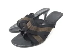 GUCCI グッチ レザー×キャンバス ヒール サンダル サイズ 5 1/2 (約23cm) 靴 シューズ レディース ブラック系×ブラウン系 DL3144