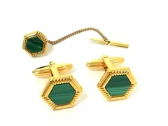 ■美品■ LANVIN ランバン ヴィンテージ カフリンクス タイチェーン ビジネス 紳士 メンズ 2点セット ゴールド系×グリーン系 DL3188