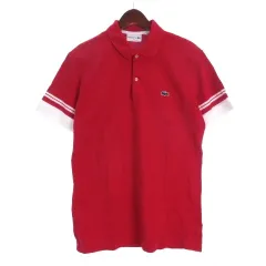 ラコステ LACOSTE ポロシャツ 半袖 ワンポイント 袖ライン フランス製 5 レッド ■FF