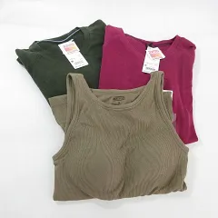 ユニクロ UNIQLO Tシャツ タンクトップ 3点セット 長袖 丸首 フリース カップ付 リブ ヒートテック 緑 紫 茶 グリーン パープル ブラウン M