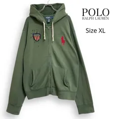 R2573/ 90s POLO RALPH LAUREN ポロ ラルフローレン ビッグポニー 星条旗 ジップ パーカー カーキ XL