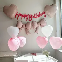リボン型バルーン＆レターバナー＆ハート型風船セット　お誕生日飾り風船　リボンコア　ピンク　パープル　水色